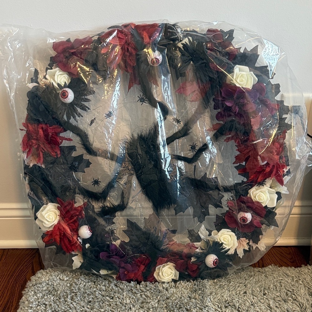 Halloween Gothic Wreath Red Black Flowers Spiders Front Door Decor Handmade